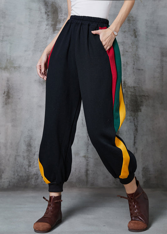 Black Oversized Patchwork Warm Fleece Harem Pants Spring