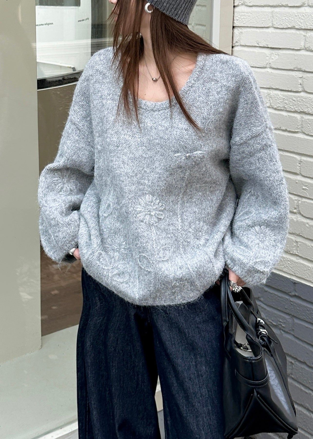 Grey Jacquard Thic Knit Sweater Tops Winter