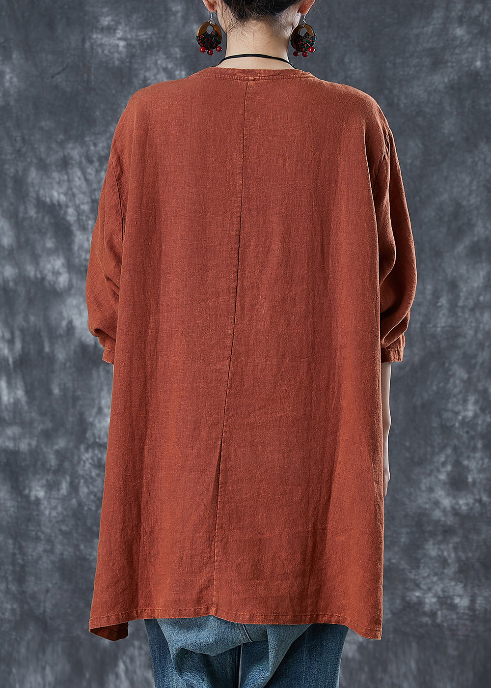 Orange Oversized Print Linen Sweatshirt Fall