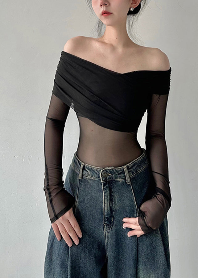 Black Cold Shoulder Tulle Blouse Tops Fall