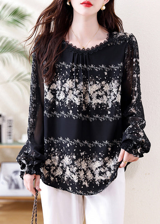 Italian Black Print Draping Chiffon Tops Fall