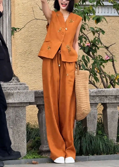 French Orange Nail Bead Waistcoat and Pants Linen Two Pieces Set Sleeveless