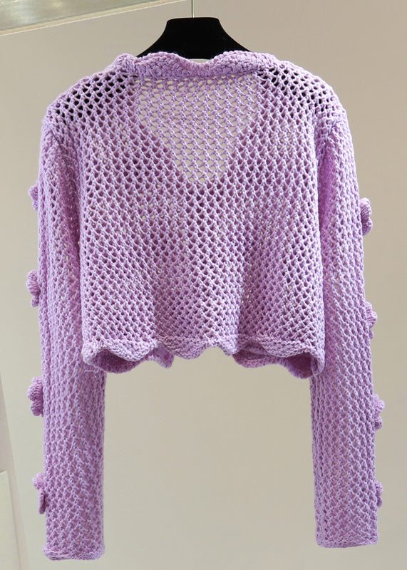 Brief Purple V Neck Embroidered Cotton Knit Sweater Spring