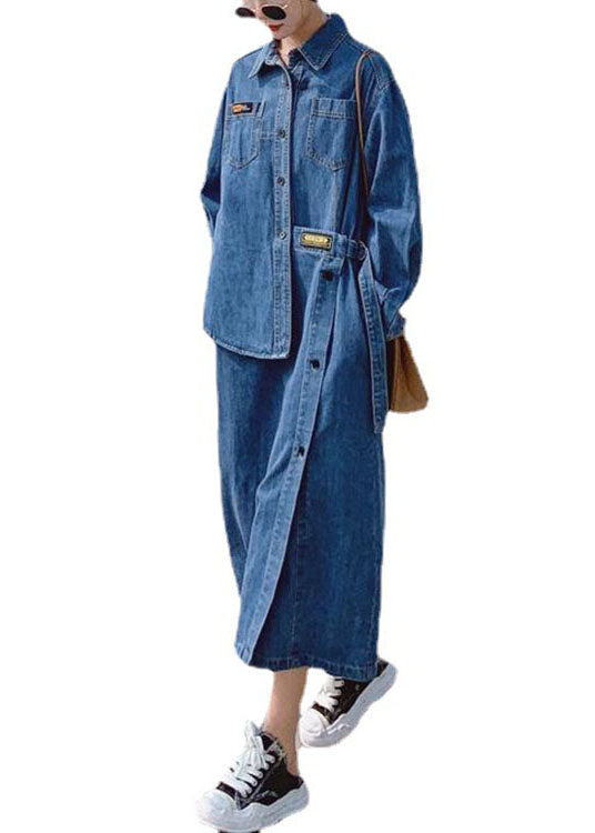 Loose Blue Pockets Button Asymmetrical Design Fall Denim Long Sleeve Long Dress