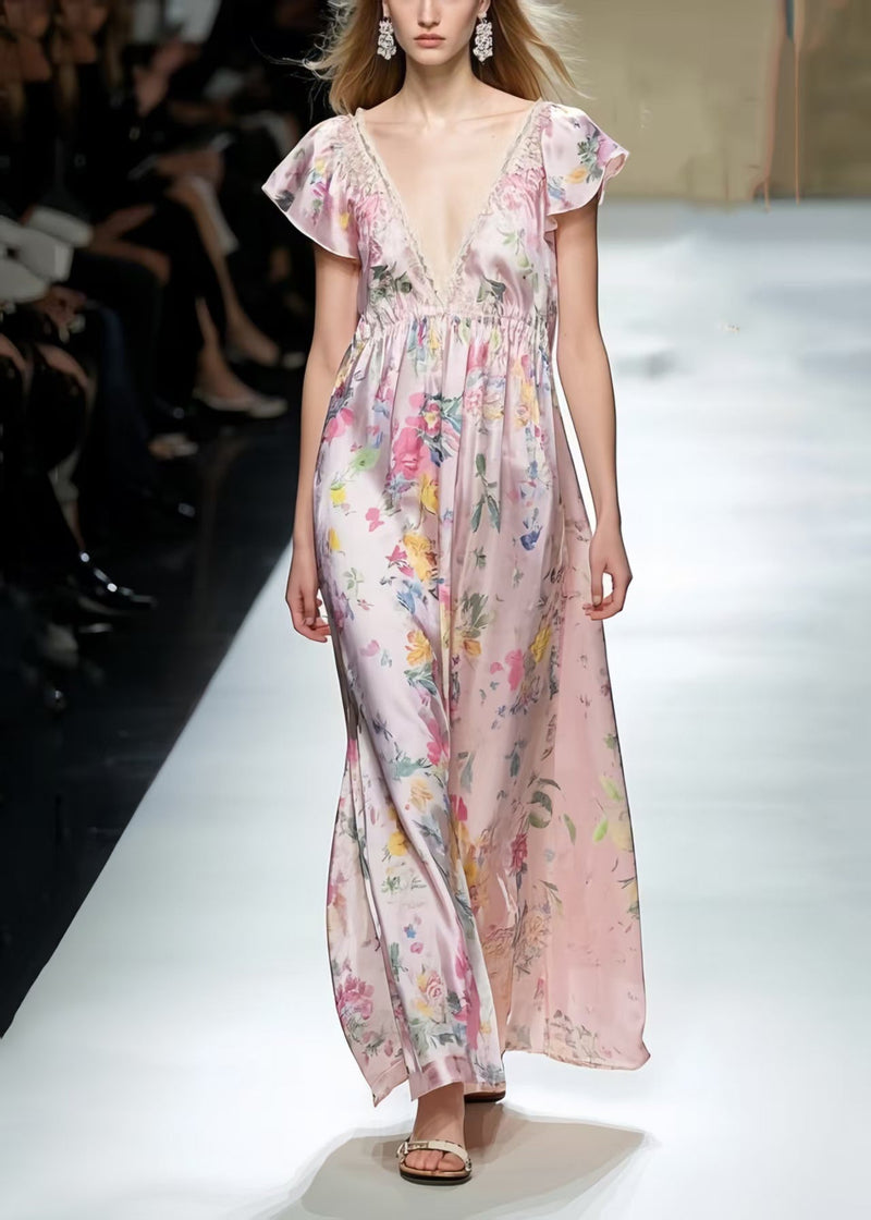 Modern Pink Print Silk Vacation Dresses Cinched Sleeveless Summer