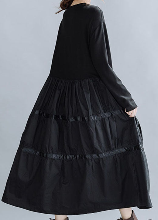 Black O-neck Patchwork Cotton Dress Spring