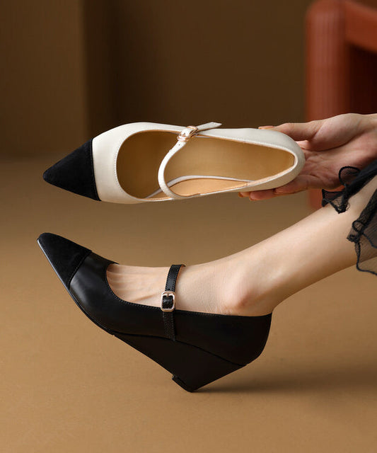 Classy Black Cowhide Leather Wedge Heels Shoes Splicing Buckle Strap