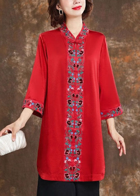Red Stand Collar Silk Shirts Bracelet Sleeve