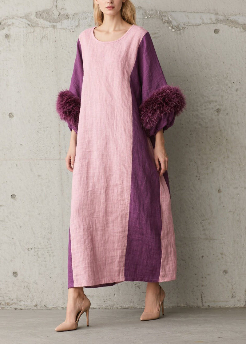 Colorblock Fuzzy Fur Patchwork Cotton Dresses Fall