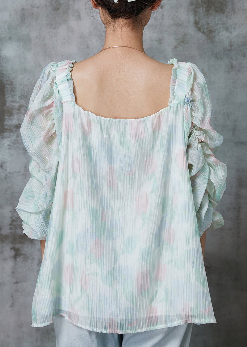 Light Green Square Collar Puff Sleeve Chiffon Blouses