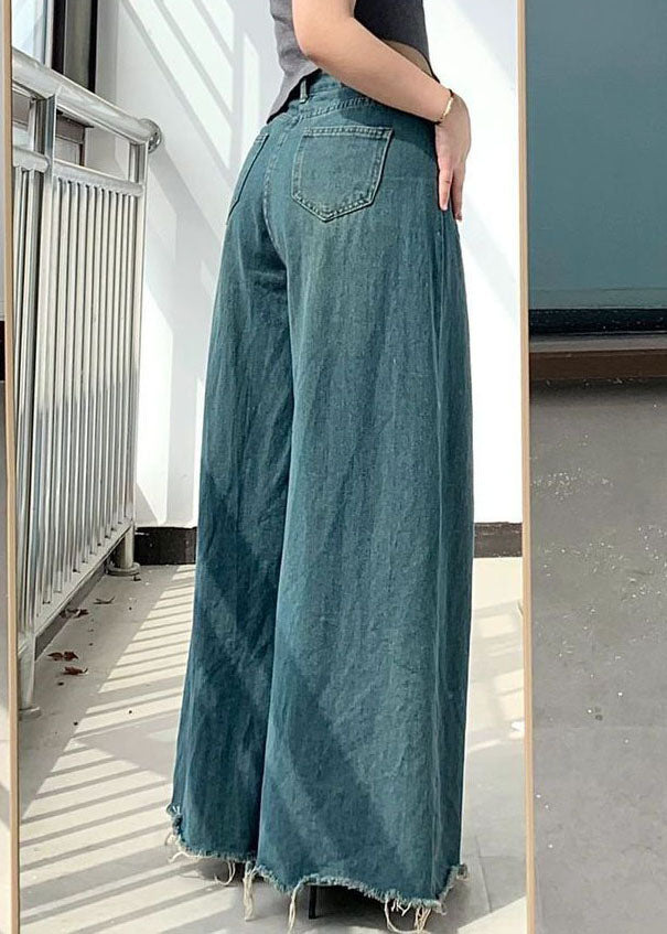 Blue Pockets Draping Wide Leg Jeans Spring