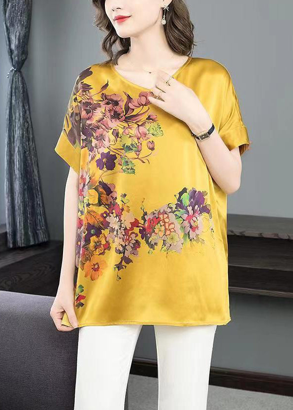 Yellow V Neck Print Patchwork Silk T Shirt Top Summer