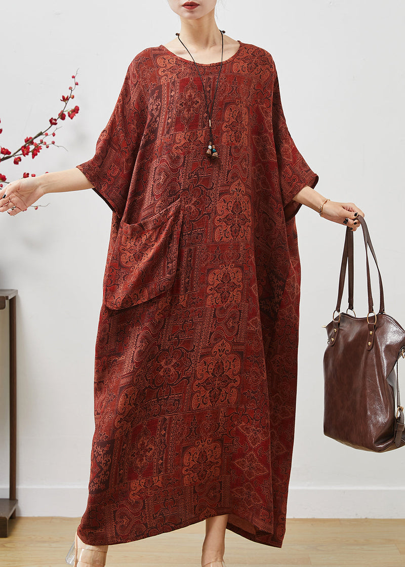 French Orange Oversized Print Cotton Ankle Dress Batwing Sleeve Summer