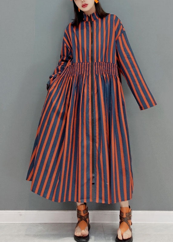 Red Zip Up Striped Vacation Dresses Spring
