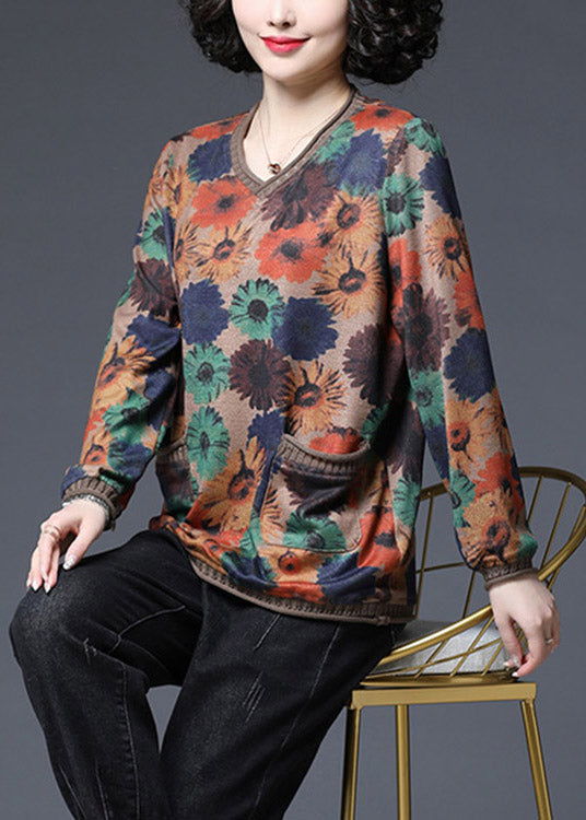 Baggy V Neck Print Pockets Knit Tops Long Sleeve