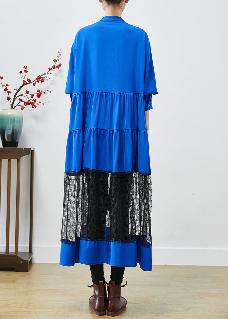 Blue Stand Collar Patchwork Lace Cotton Dress Fall