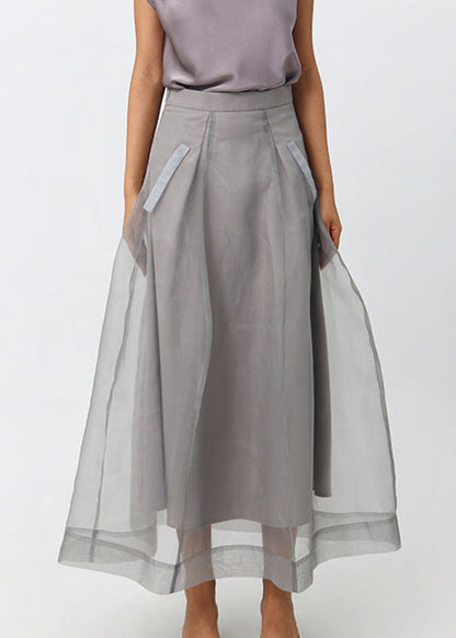 New Grey Zippered High Waist Tulle Skirts Summer