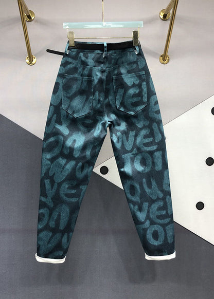 Green Pockets Graphic Print Jeans Fall