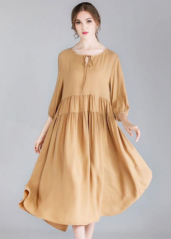 Organic Khaki Drawstring Low High Design Spring Holiday Dress Three Quarter Sleeve