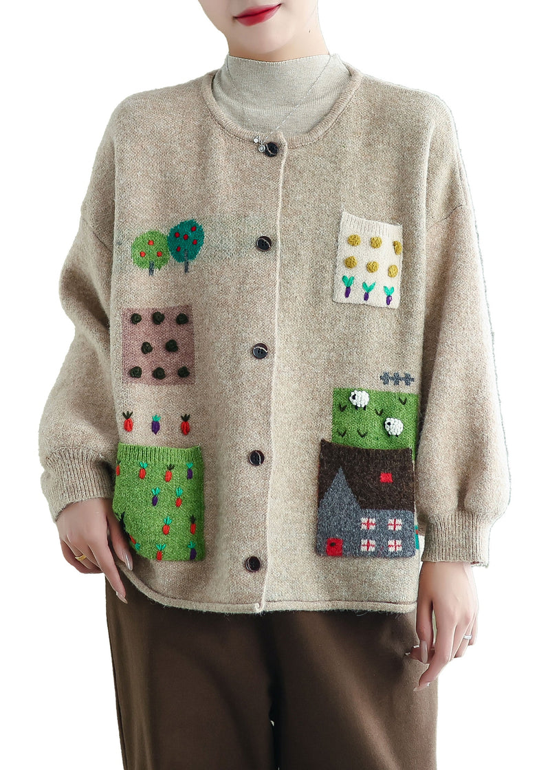 Apricot O Neck Pockets Button Knit Cardigans Coat Fall