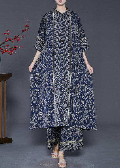 Navy Print Silk Two Piece Set Clothing Oversized Summer