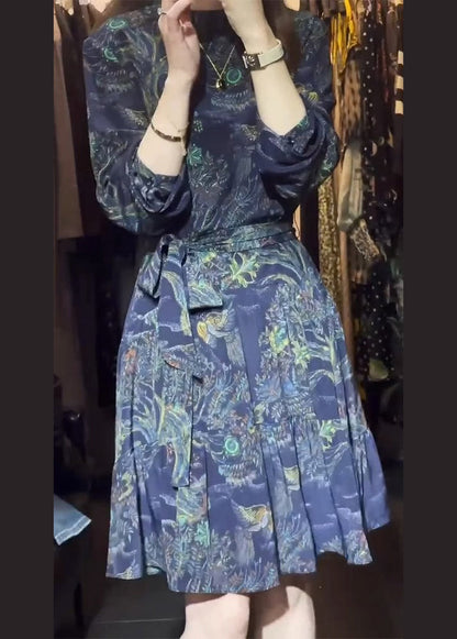 Blue Print Tie Waist Patchwork Cotton Mid Dress Summer