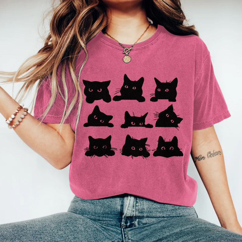 Comstylish Abstract Creative Black Cats Art Print T-shirt