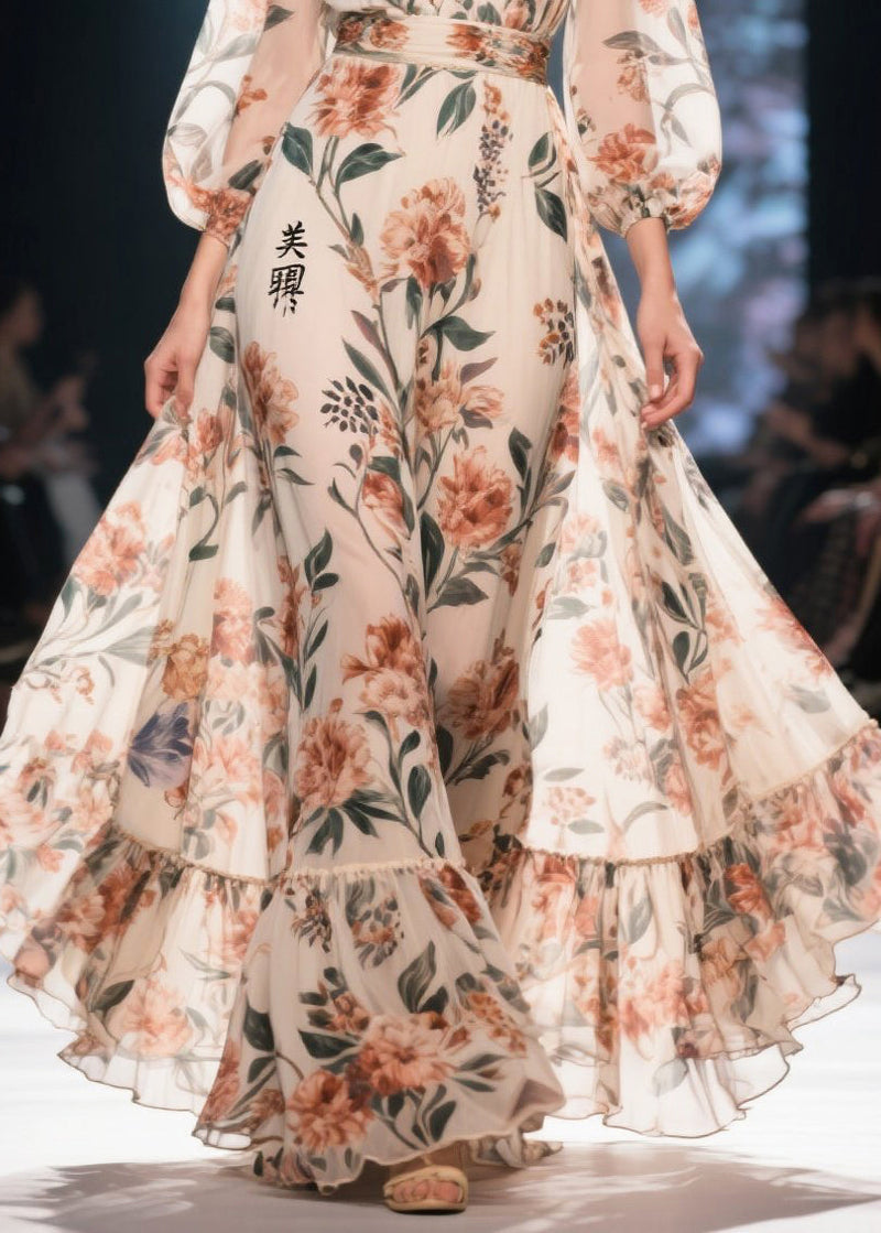 Apricot Print Chiffon Long Dress Exra Large Hem Summer