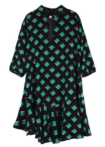 Green Plaid Chiffon Fall Zippered Party Dresses Half Sleeve