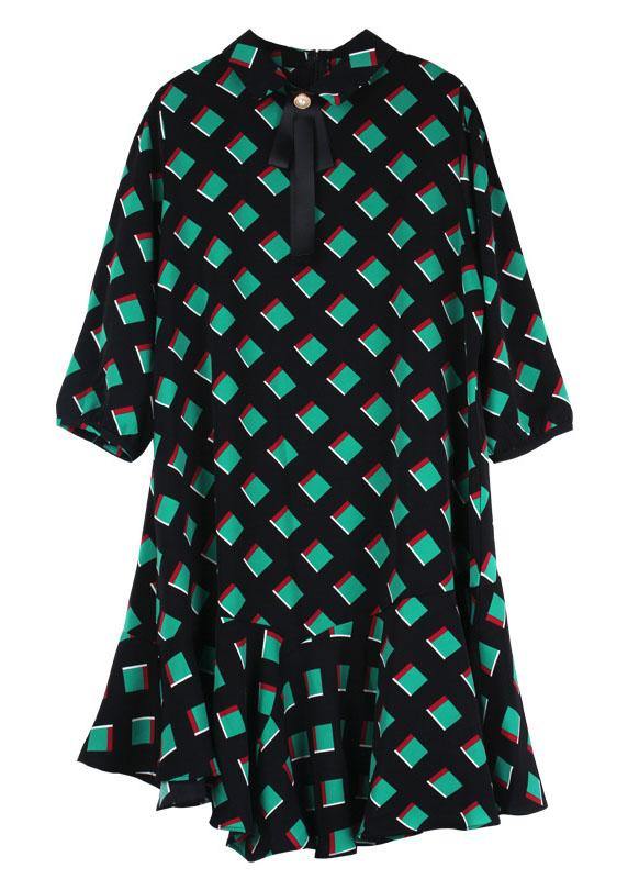 Green Plaid Chiffon Fall Zippered Party Dresses Half Sleeve