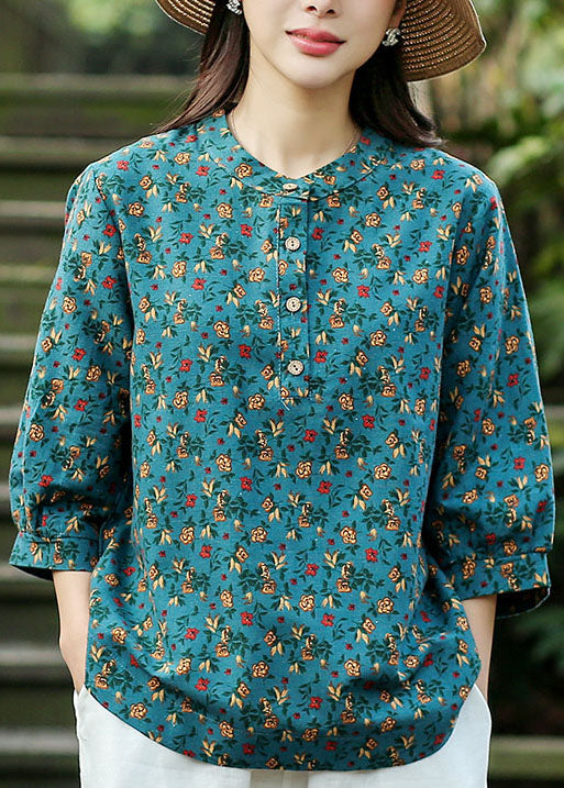 Blue Print Linen Loose Shirts for O-neck Button Bracelet Sleeve