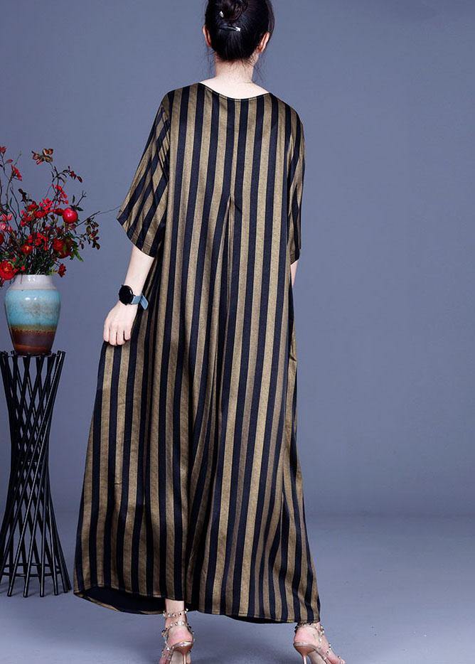 Natural Chocolate Striped O-neck Summer Silk Party Dress