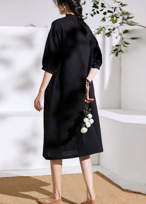 Black Pockets Button Summer Linen Maxi Dresses Half Sleeve