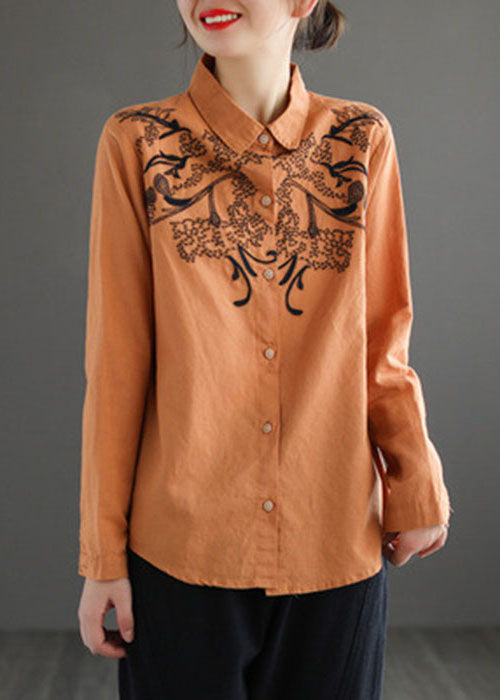 Orange Turn-down Collar Embroideried Cotton Shirt Top Long Sleeve