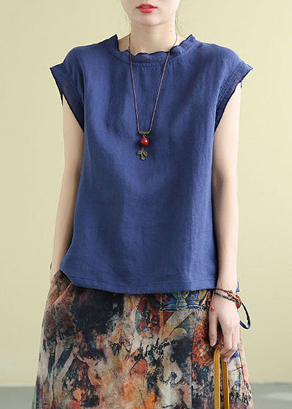 Yellow Stand Collar Drawstring Linen Tanks Short Sleeve