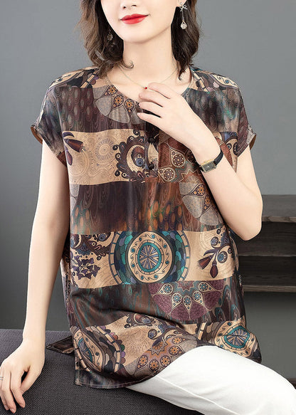 Loose Chocolate O-neck Print Side Open Silk Tops Short Sleeve