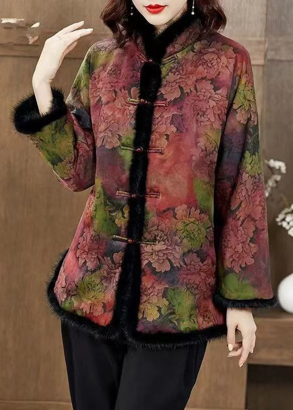 Colorblock Fur Collar Print Pockets Fleece Coat Winter