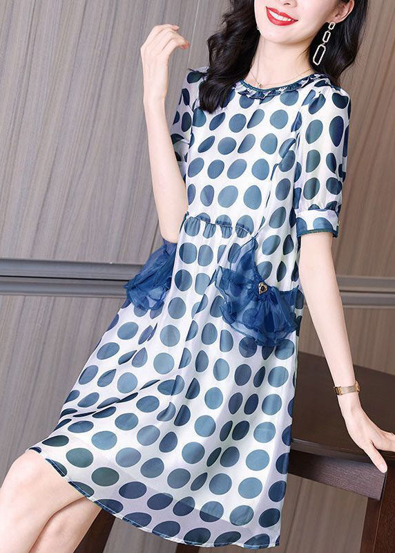 Blue Print Chiffon Holiday Dresses O-neck Slim Fit Summer