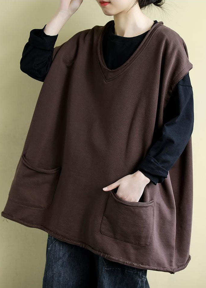 Modern Chocolate V Neck Oversized Color Cotton Vests Fall
