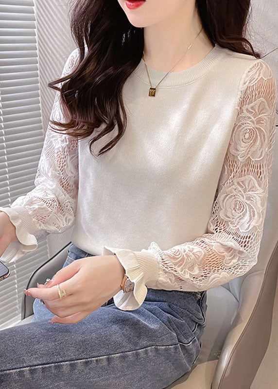 White O-neck Hollow Out Tops Long Sleeve