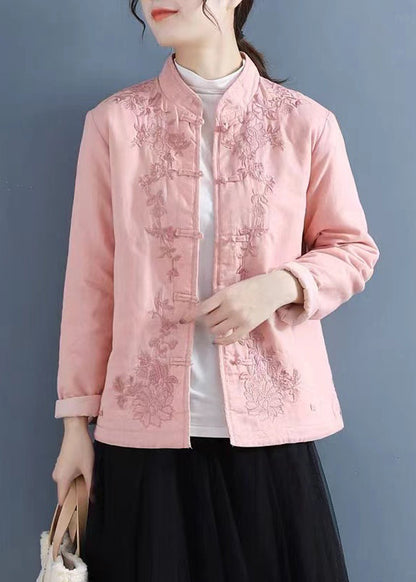 Purple Embroidered Oriental Button Fine Cotton Filled Coats Spring