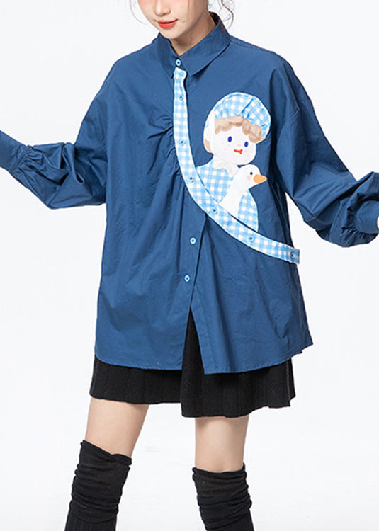 Blue Peter Pan Collar Print Button Cotton Shirts Long Sleeve