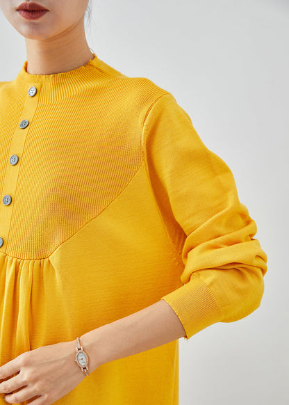Yellow Stand Collar Patchwork Button Knit Sweater Dress Fall