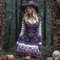 Comstylish Halloween Witch Floral Art Women's Knit V-neck Mini Dress