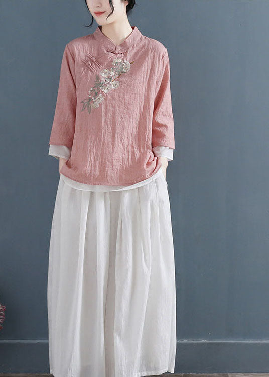 Pink Stand Collar Embroideried Cotton Fake Two Piece Shirts Three Quarter Sleeve