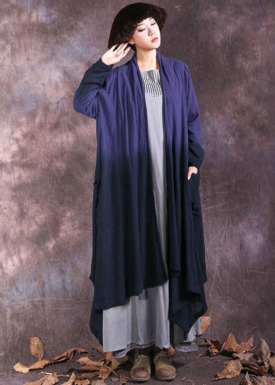 Blue Asymmetrical Gradient Color Cotton Spring Wrap Coat