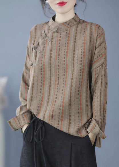 Khaki Striped Print Button Top Spring