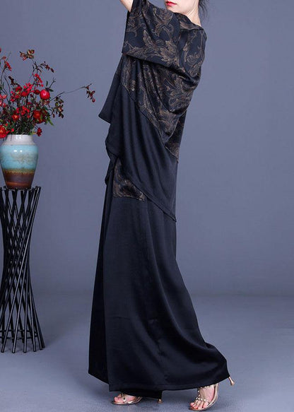 Navy Print Patchwork Long Smock Wide Leg Chiffon Two Pieces Set