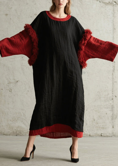 Black Oversized Patchwork Faux Fur Maxi Dresses Fall