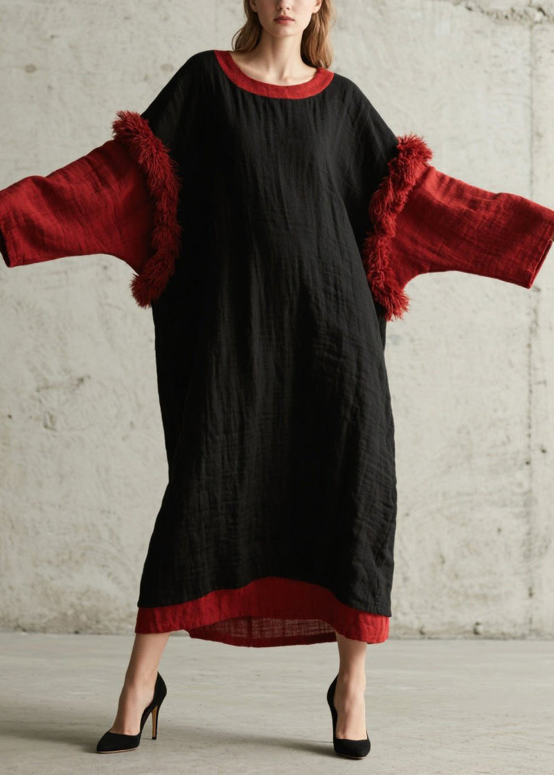 Black Oversized Patchwork Faux Fur Maxi Dresses Fall